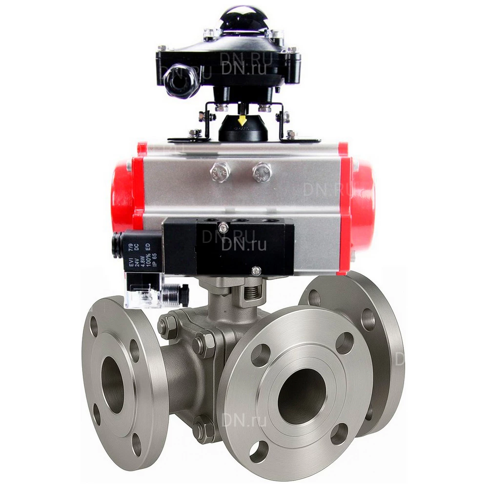 Краны шаровые DN.ru BV3232P(2pc)-FP-3WL-F-ISO-H Ду20-80 Ру16 HYMT, трехходовые L-тип, полнопроходные, фланцевые, корпус - нержавеющая сталь SS316, с пневмоприводом PA-SA, пневмораспределителем 4М310-08 220В NAMUR и БКВ APL-510N EX