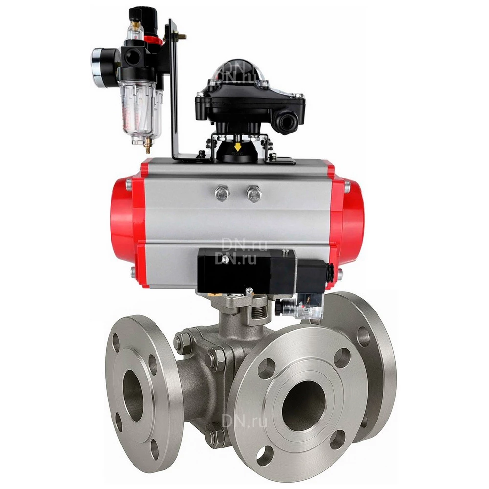 Краны шаровые DN.ru BV3232P(2pc)-FP-3WL-F-ISO-H Ду20-80 Ру16 HYMT, трехходовые L-тип, полнопроходные, фланцевые, корпус - нержавеющая сталь SS316, с пневмоприводом PA-DA, пневмораспределителем 4M310-08 24В NAMUR, БКВ APL-510N EX и БПВ AFC2000