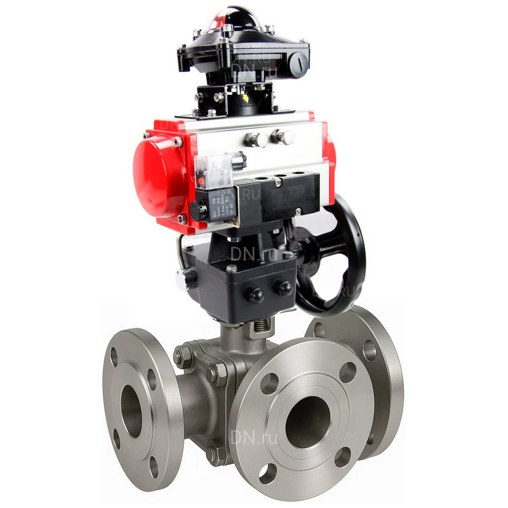 Краны шаровые DN.ru BV3232P(2pc)-FP-3WL-F-ISO-H Ду20-80 Ру16 HYMT, трехходовые L-тип, полнопроходные, фланцевые, корпус - нержав.сталь SS316, с пн.приводом PA-DA, пн.распределителем 4М310-08 220В NAMUR, ручным дублером MON и БКВ APL-410N EX
