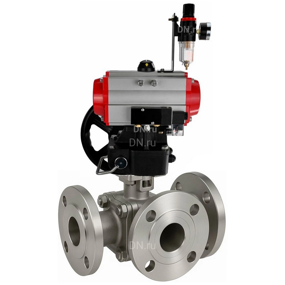 Краны шаровые DN.ru BV3232P(2pc)-FP-3WL-F-ISO-H Ду20-80 Ру16 HYMT, трехходовые L-тип, полнопроходные, фланцевые, корпус - нержав.сталь SS316, с пневмоприводом PA-DA, пневмораспределителем 4М310-08 220В NAMUR, ручным дублером MON и БПВ AFC2000