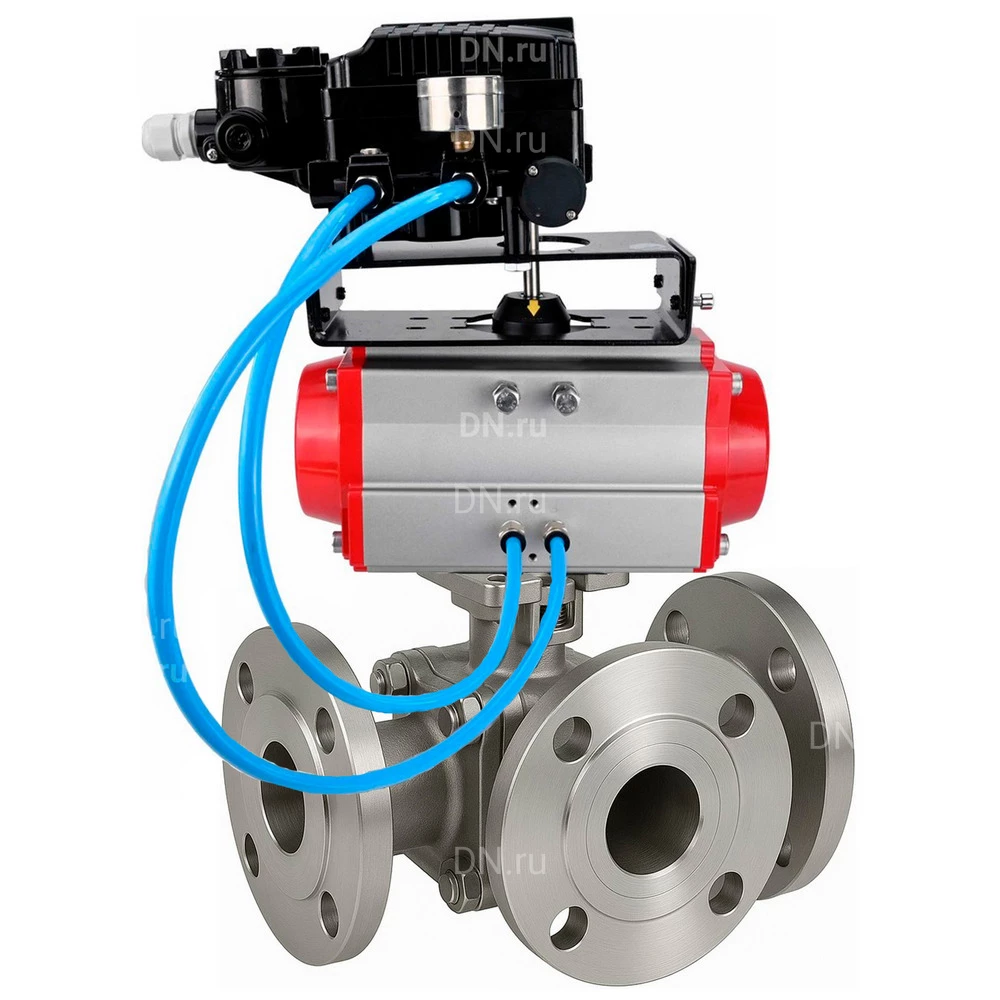 Краны шаровые DN.ru BV3232P(2pc)-FP-3WL-F-ISO-H Ду20-80 Ру16 HYMT, трехходовые L-тип, полнопроходные, фланцевые, корпус - нержавеющая сталь SS316, с пневмоприводом PA-DA и пневмопозиционером YT-1000RSN
