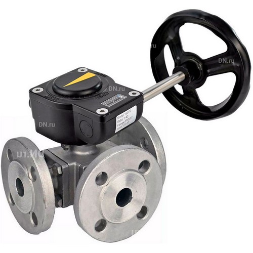 Краны шаровые DN.ru BV3232P(4pc)-FP-3WL-F-ISO-H Ду50-100 Ру16 полнопроходные трехходовые, нержавеющая сталь SS316, фланцевые, уплотнение - PTFE, с редуктором DN.ru HAM RQNx-xZ-x
