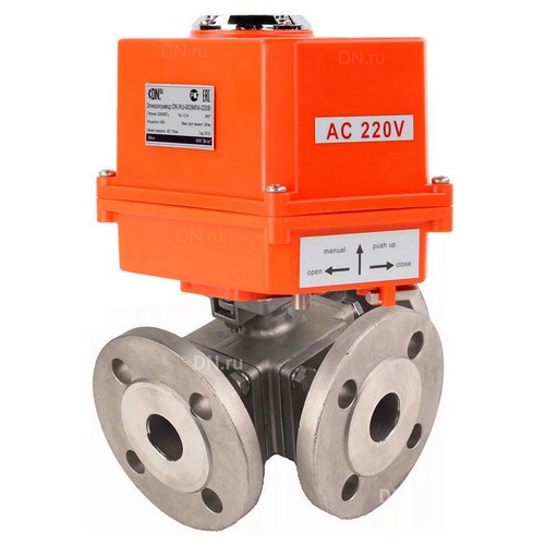 Краны шаровые DN.ru BV3232P(4pc)-FP-3WL-F-ISO-H Ду15-25 Ру16 полнопроходные трехходовые, нержавеющая сталь SS316, фланцевые, уплотнение - PTFE, с электроприводом четвертьоборотным DN.ru QT-N-EM-O1-220VAC-У1 MINI