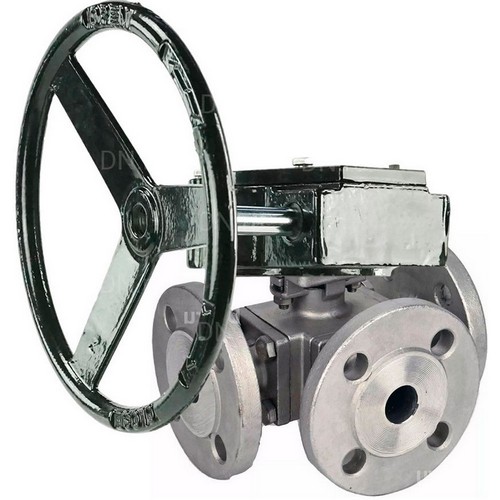 Краны шаровые DN.ru BV3232P(4pc)-FP-3WL-F-ISO-H Ду50-100 Ру16 полнопроходные трехходовые, нержавеющая сталь SS316, фланцевые, уплотнение - PTFE, с редуктором DN.ru RDN RQNx-xZ-x