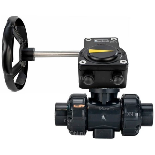 Краны шаровые DN.ru BV4242E-FP-GRM-ISO Дн50-100 Ру10 полнопроходные, клеевой с разборным муфтовым соединением, корпус - НПВХ, шар - НПВХ, уплотнение - EPDM, с редуктором DN.ru HAM RQNx-xZ-x