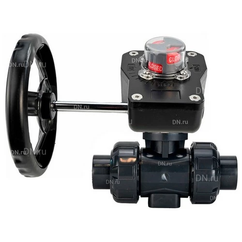 Краны шаровые DN.ru BV4242E-FP-GRM-ISO Дн50-100 Ру10 полнопроходные, клеевой с разборным муфтовым соединением, корпус - НПВХ, шар - НПВХ, уплотнение - EPDM, с редуктором DN.ru HGB RQNx-xZ с визуальным указателем положения