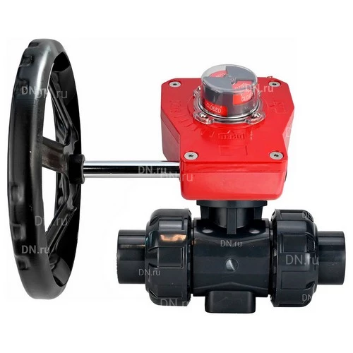 Краны шаровые DN.ru BV4242E-FP-GRM-ISO Дн50-100 Ру10 полнопроходные, клеевой с разборным муфтовым соединением, корпус - НПВХ, шар - НПВХ, уплотнение - EPDM, с редуктором DN.ru HGBF RQNx-xZ с визуальным указателем положения и датчиком обратной связи