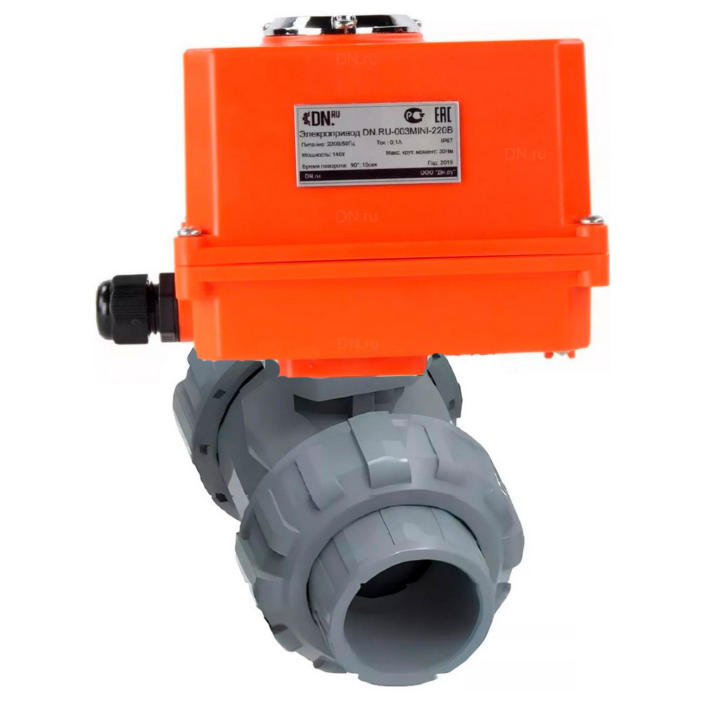 Кран шаровой DN.ru BV4242E-FP-GRM-ISO Дн15 Ру10 межфланцевый, полнопроходной, клеевой с разборным муфтовым соединением, корпус - UPVC (НПВХ), шар - UPVC (НПВХ), уплотнение - EPDM, с электроприводом QT-N-003EM-O1-220VAC-У1 MINI