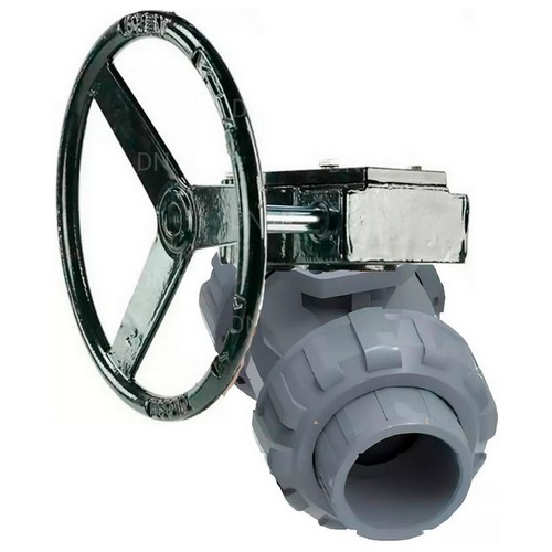 Краны шаровые DN.ru BV4242E-FP-GRM-ISO Дн50-100 Ру10 межфланцевые полнопроходные, клеевые с разборным муфтовым соединением, корпус - UPVC (НПВХ), шар - UPVC (НПВХ), уплотнение - EPDM, с редуктором DN.ru RDN RQN-Z
