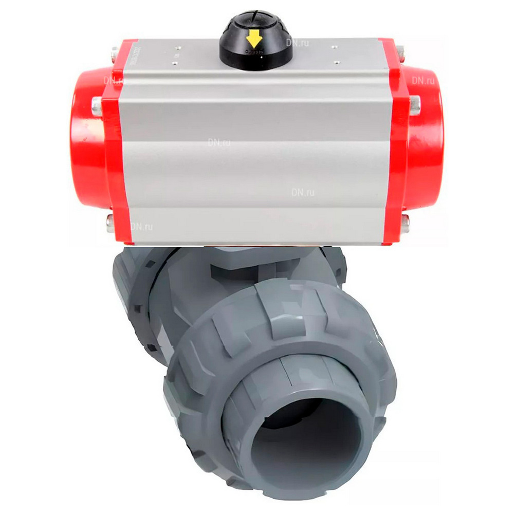 Кран шаровой DN.ru BV4242E-FP-GRM-ISO Дн40 Ру10 межфланцевый полнопроходной, клеевой с разборным муфтовым соединением, корпус - UPVC (НПВХ), шар - UPVC (НПВХ), уплотнение - EPDM, с пневмоприводом PA-SA-065 с возвратными пружинами