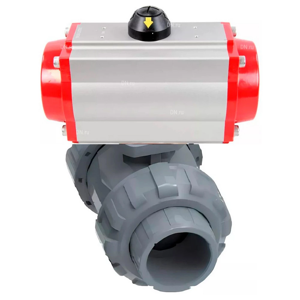 Кран шаровой DN.ru BV4242E-FP-GRM-ISO Дн32 Ру10 полнопроходной, корпус - НПВХ, шар - НПВХ, уплотнение - EPDM, с пневмоприводом PA-DA-052 двойного действия