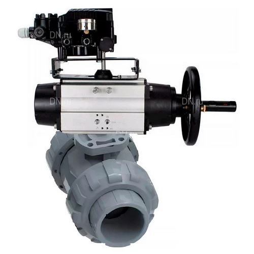 Краны шаровые DN.ru BV4242E-FP-GRM-ISO Дн15-100 Ру10 полнопроходные, корпус - НПВХ, шар - НПВХ, уплотнение - EPDM, с пневмоприводом PA-DA-105-1 и пневмопозиционером YT-1000RSN