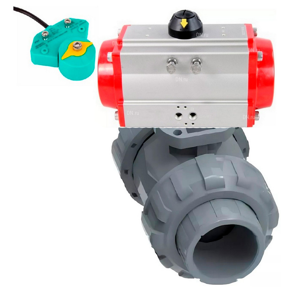 Кран шаровой DN.ru BV4242E-FP-GRM-ISO Дн15 Ру10 межфланцевый полнопроходной, корпус - НПВХ, шар - НПВХ, уплотнение - EPDM, с пневмоприводом PA-DA-052 и магнитным переключателем ALS200D