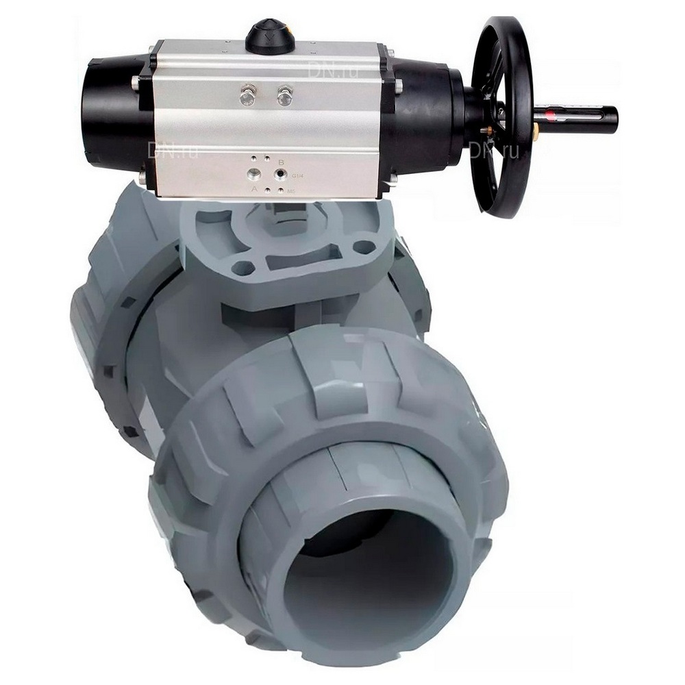 Кран шаровой DN.ru BV4242E-FP-GRM-ISO Дн65 Ру10 межфланцевый полнопроходной, корпус - НПВХ, шар - НПВХ, уплотнение - EPDM, с пневмоприводом PA-DA-105-1 двойного действия со штурвалом