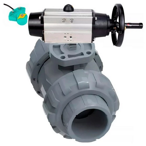 Краны шаровые DN.ru BV4242E-FP-GRM-ISO Дн15-100 Ру10 полнопроходные, корпус - НПВХ, шар - НПВХ, уплотнение - EPDM, с пневмоприводом PA-DA-105-1 и магнитным переключателем ALS200D