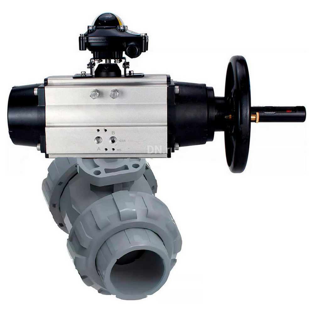 Кран шаровой DN.ru BV4242E-FP-GRM-ISO Дн80 Ру10 полнопроходной, корпус - НПВХ, шар - НПВХ, уплотнение - EPDM, с пневмоприводом PA-DA-105-1 и БКВ APL-210N