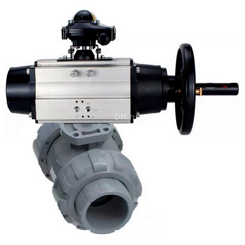 Краны шаровые DN.ru BV4242E-FP-GRM-ISO Дн15-100 Ру10 полнопроходные, корпус - НПВХ, шар - НПВХ, уплотнение - EPDM, с пневмоприводом PA-DA-105-1 и БКВ APL-510N EX