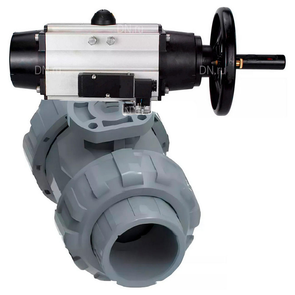 Кран шаровой DN.ru BV4242E-FP-GRM-ISO Дн50 Ру10 межфланцевый полнопроходной, корпус - НПВХ, шар - НПВХ, уплотнение - EPDM, с пневмоприводом PA-DA-105-1 и пневмораспределителем 4M310-08 24В