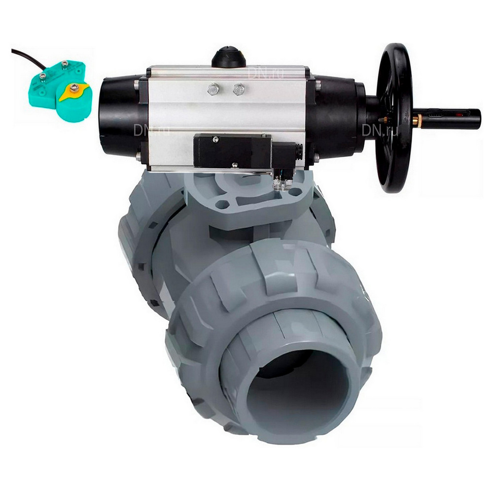 Кран шаровой DN.ru BV4242E-FP-GRM-ISO Дн80 Ру10 полнопроходной, корпус - НПВХ, шар - НПВХ, уплотнение - EPDM, с пневмоприводом PA-DA-105-1, пневмораспределителем 4M310-08 24В и магнитным переключателем ALS200D