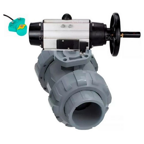 Краны шаровые DN.ru BV4242E-FP-GRM-ISO Дн15-100 Ру10 полнопроходные, корпус - НПВХ, шар - НПВХ, уплотнение - EPDM, с пневмоприводом PA-DA-105-1, пневмораспределителем 4M310-08 24В и магнитным переключателем ALS200D