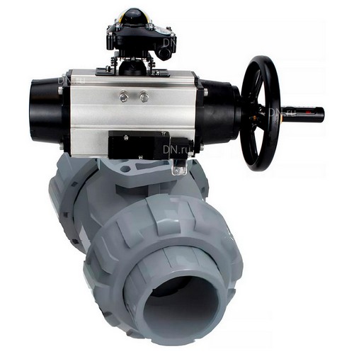Краны шаровые DN.ru BV4242E-FP-GRM-ISO Дн15-100 Ру10 межфланцевые полнопроходные, корпус - НПВХ, шар - НПВХ, уплотнение - EPDM, с пневмоприводом PA-DA-105-1, пневмораспределителем 4M310-08 220В и БКВ APL-410N EX
