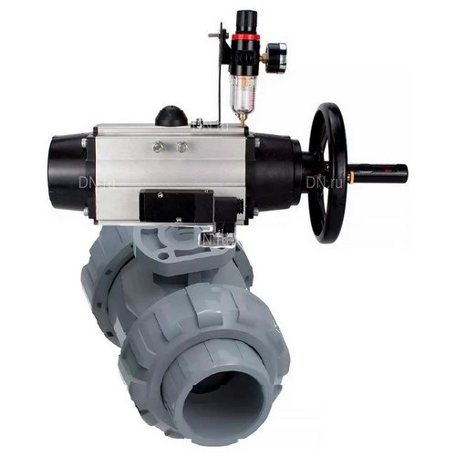 Краны шаровые DN.ru BV4242E-FP-GRM-ISO Дн15-100 Ру10 полнопроходные, корпус - НПВХ, шар - НПВХ, уплотнение - EPDM, с пневмоприводом PA-DA-105-1, пневмораспределителем 4V320-10 220В и БПВ AFC2000