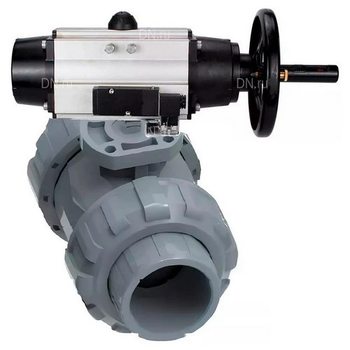 Краны шаровые DN.ru BV4242E-FP-GRM-ISO Дн15-100 Ру10 полнопроходные, корпус - НПВХ, шар - НПВХ, уплотнение - EPDM, с пневмоприводом PA-DA-105-1 и пневмораспределителем 4M310-08 24В