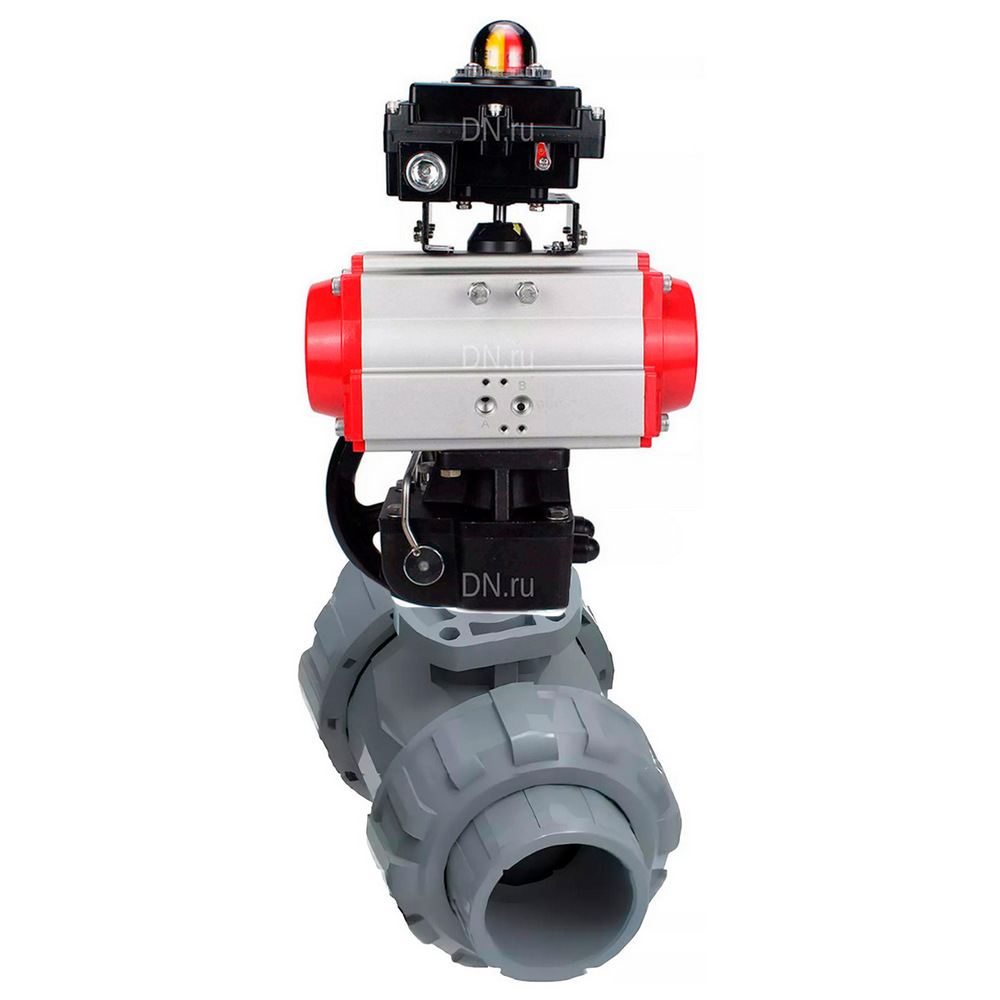 Кран шаровой DN.ru BV4242E-FP-GRM-ISO Дн50 Ру10 полнопроходной, корпус - НПВХ, шар - НПВХ, уплотнение - EPDM, с пневмоприводом PA-DA-052, ручным дублером MON1-250-T26-ISO и БКВ APL-510N EX