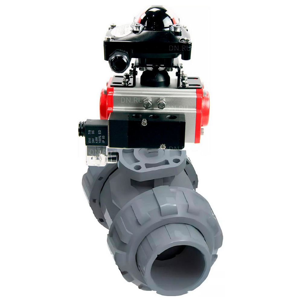 Кран шаровой DN.ru BV4242E-FP-GRM-ISO Дн50 Ру10 межфланцевый полнопроходной, корпус - НПВХ, шар - НПВХ, уплотнение - EPDM, с пневмоприводом PA-DA-052, пневмораспределителем 4M310-08 220В и БКВ APL-210N