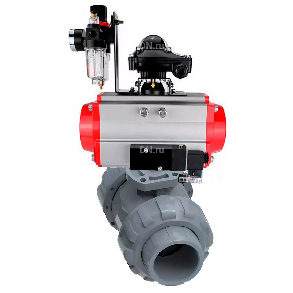 Кран шаровой DN.ru BV4242E-FP-GRM-ISO Дн100 Ру10 полнопроходной, корпус - НПВХ, шар - НПВХ, уплотнение - EPDM, с пневмоприводом PA-SA-083, пневмораспределителем 4V320-10 220В, БКВ APL-410N EX и БПВ AFC2000