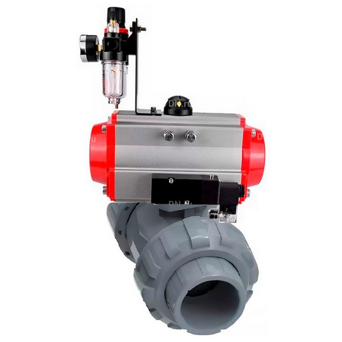 Краны шаровые DN.ru BV4242E-FP-GRM-ISO Дн15-100 Ру10 межфланцевые полнопроходные, корпус - НПВХ, шар - НПВХ, уплотнение - EPDM, с пневмоприводом PA-SA, пневмораспределителем 4V320-10 220В и БПВ AFC2000