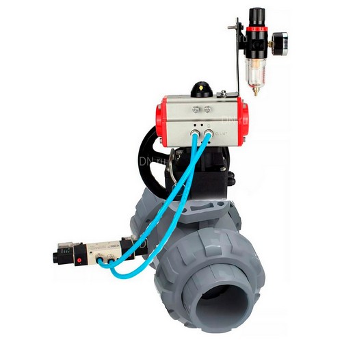Краны шаровые DN.ru BV4242E-FP-GRM-ISO Дн15-100 Ру10 межфланцевые полнопроходные, корпус - НПВХ, шар - НПВХ, уплотнение - EPDM, с пневмоприводом PA-DA, пневмораспределителем 4M310-08 24В, ручным дублером MON и БПВ AFC2000