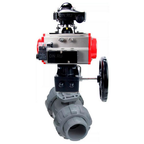Краны шаровые DN.ru BV4242E-FP-GRM-ISO Дн15-100 Ру10 межфланцевые полнопроходные, корпус - НПВХ, шар - НПВХ, уплотнение - EPDM, с пневмоприводом PA-DA, пневмораспределителем 4M310-08 220В, ручным дублером MON и БКВ APL-210N