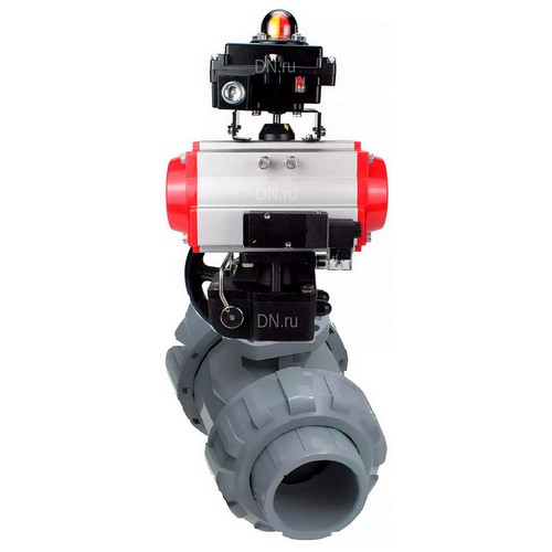 Краны шаровые DN.ru BV4242E-FP-GRM-ISO Дн15-100 Ру10 межфланцевые полнопроходные, корпус - НПВХ, шар - НПВХ, уплотнение - EPDM, с пневмоприводом PA-DA, пневмораспределителем 4V320-08 220В, ручным дублером MON и БКВ APL-510N EX