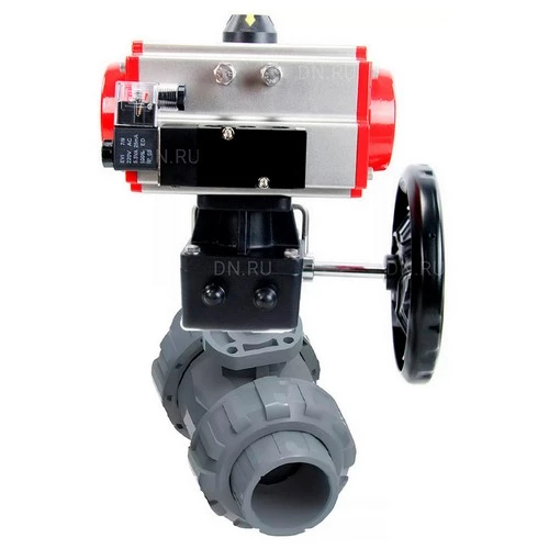 Краны шаровые DN.ru BV4242E-FP-GRM-ISO Дн15-100 Ру10 полнопроходные, корпус - НПВХ, шар - НПВХ, уплотнение - EPDM, с пневмоприводом PA-DA, пневмораспределителем 4M310-08 24В и ручным дублером MON