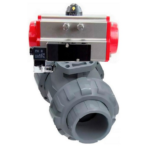 Краны шаровые DN.ru BV4242E-FP-GRM-ISO Дн15-100 Ру10 межфланцевые полнопроходные, корпус - НПВХ, шар - НПВХ, уплотнение - EPDM, с пневмоприводом PA-SA и пневмораспределителем 4M310-08 24В