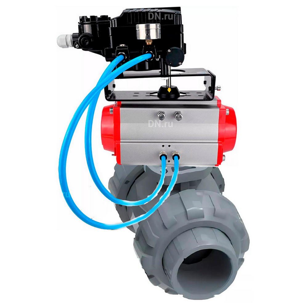 Кран шаровой DN.ru BV4242E-FP-GRM-ISO Дн65 Ру10 полнопроходной, корпус - НПВХ, шар - НПВХ, уплотнение - EPDM, с пневмоприводом PA-SA-065 и пневмопозиционером YT-1000RSN с обратной связью