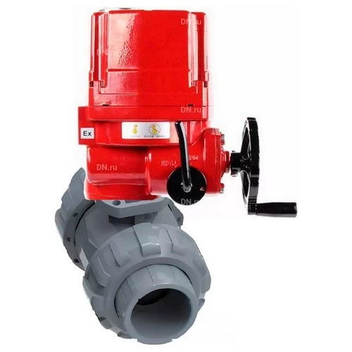 Краны шаровые DN.ru BV4242E-FP-GRM-ISO Дн15-100 Ру10 полнопроходные, клеевые с разборным муфтовым соединением, корпус - НПВХ, шар - НПВХ, уплотнение - EPDM, с электроприводом взрывозащищенным DN.ru QT-EX-EM-O2-380VAC-У1