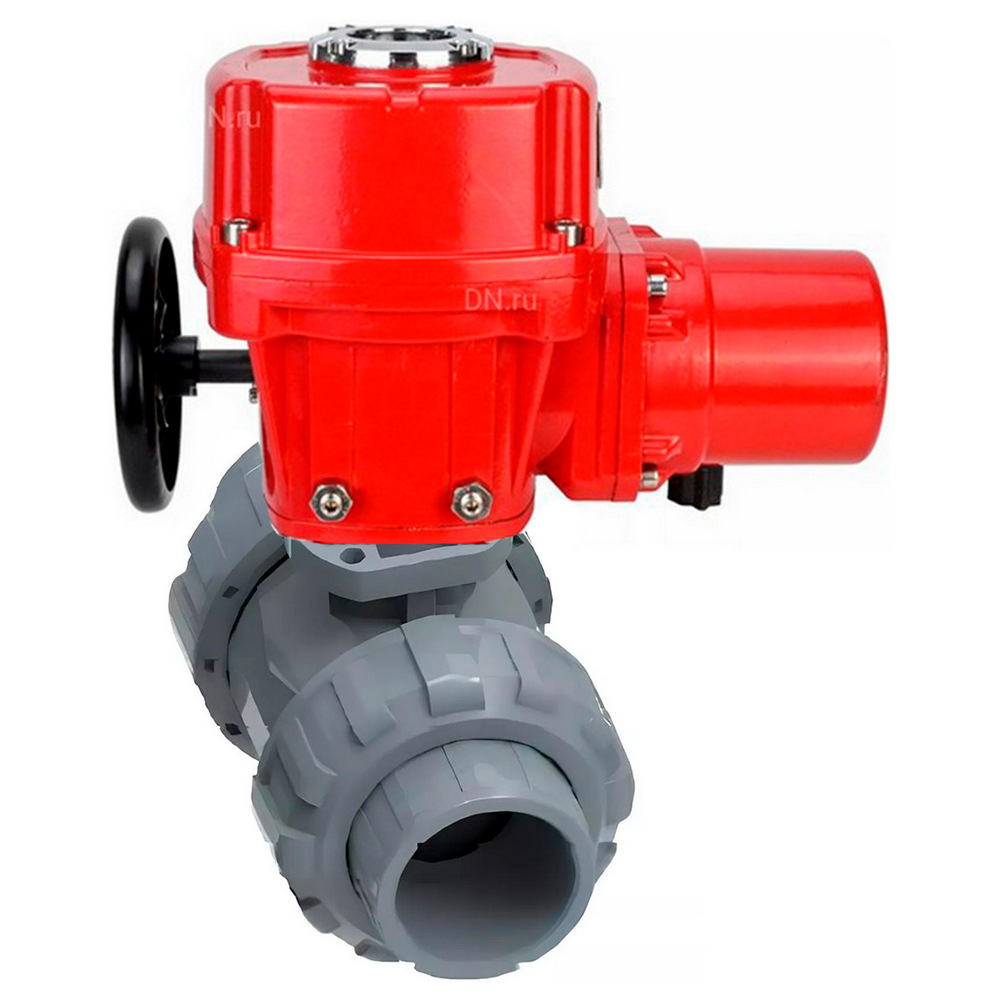 Кран шаровой DN.ru BV4242E-FP-GRM-ISO Дн65 Ру10 полнопроходной, корпус - НПВХ, шар - НПВХ, уплотнение - EPDM, с электроприводом взрывозащищенным DN.ru QT-EX-005M-O2-380VAC-У1 с моментной муфтой и штурвалом