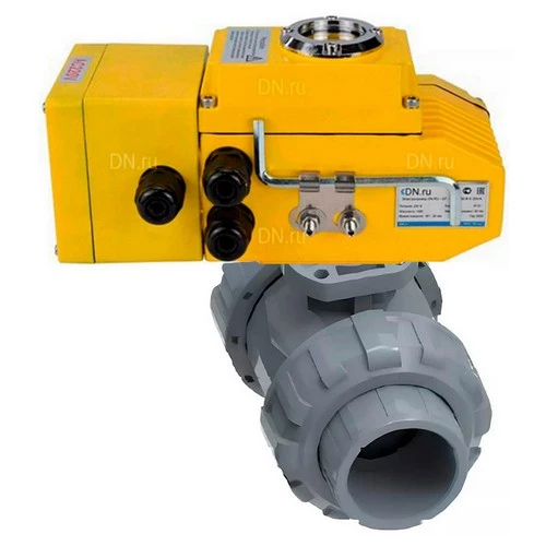 Краны шаровые DN.ru BV4242E-FP-GRM-ISO Дн15-100 Ру10 полнопроходные, корпус - НПВХ, шар - НПВХ, уплотнение - EPDM, с электроприводом DN.ru QT-N-EM-A1-24VDC-У1 HARK c датчиком обратной связи и входным управляющим сигналом 4-20мА