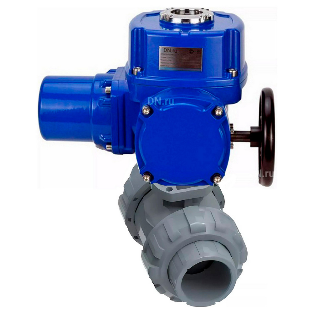 Кран шаровой DN.ru BV4242E-FP-GRM-ISO Дн100 Ру10 межфланцевый полнопроходной, корпус - НПВХ, шар - НПВХ, уплотнение - EPDM, с электроприводом DN.ru QT-N-005M-O2-380VAC-У1 с моментной муфтой и штурвалом