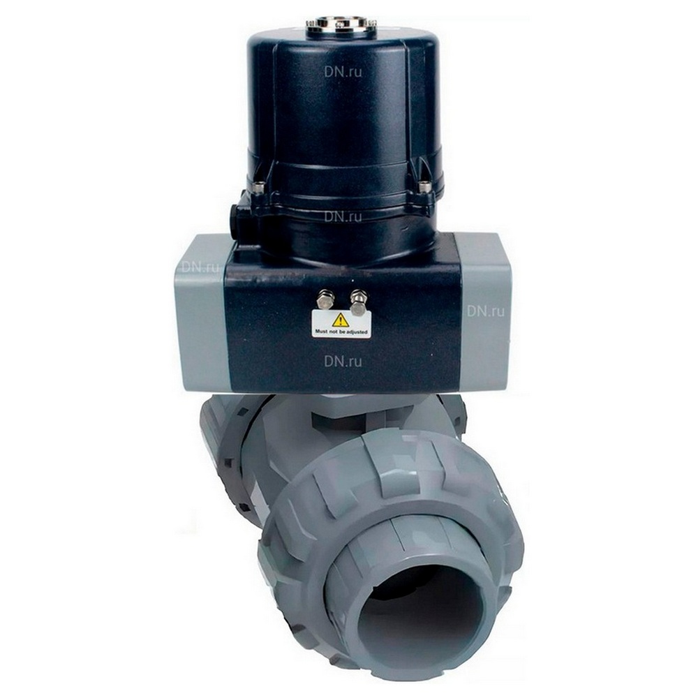 Кран шаровой DN.ru BV4242E-FP-GRM-ISO Дн15 Ру10 полнопроходной, клеевой с разборным муфтовым соединением, корпус - НПВХ, шар - НПВХ, уплотнение - EPDM, с электроприводом DN.ru QTSA-N-003EM-O0-220VAC с пружинным возвратом