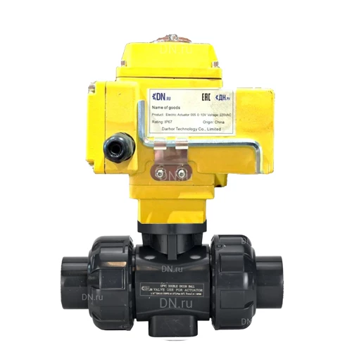 Краны шаровые DN.ru BV4242E-FP-GRM-ISO Дн65-100 Ру10 полнопроходные, клеевые с разборным муфтовым соединением, корпус - UPVC (НПВХ), шар - UPVC (НПВХ), уплотнение - EPDM, с электроприводом четвертьоборотным DN.ru QT-N-EM-B1-220VAC-У1-DAR gander