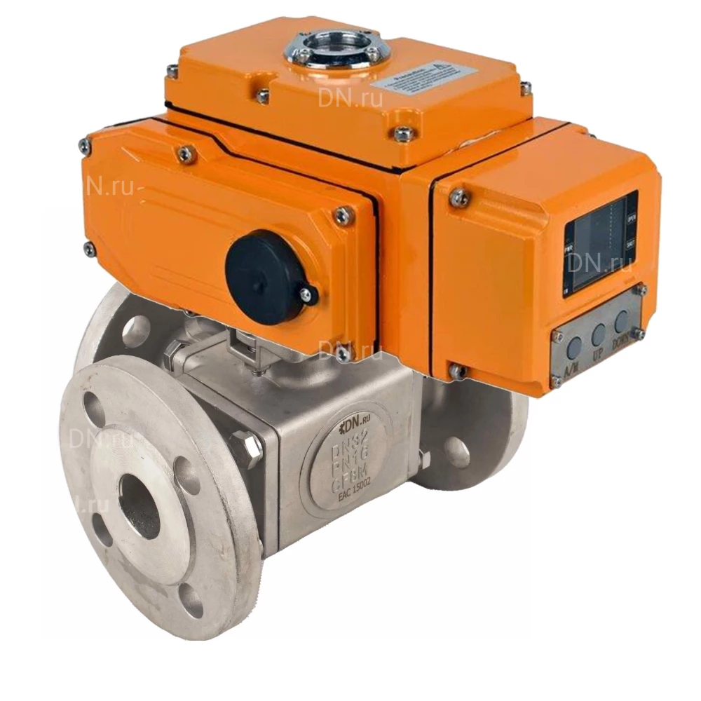 Кран шаровой DN.ru BV3232P(4pc)-FP-3WL-F-ISO-H Ду20 Ру16 полнопроходной трехходовой, нержавеющая сталь SS316, фланцевый, уплотнение - PTFE, с электроприводом четвертьоборотным DN.ru QT-N-005EM-A1-220VAC-У1 HARK