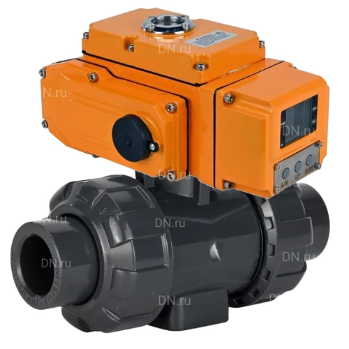 Краны шаровые DN.ru BV4242E-FP-GRM-ISO Дн65-100 Ру10 полнопроходные, клеевые с разборным муфтовым соединением, корпус - UPVC (НПВХ), шар - UPVC (НПВХ), уплотнение - EPDM, с электроприводом четвертьоборотным DN.ru QT-N-EM-A1-220VAC-У1 HARK