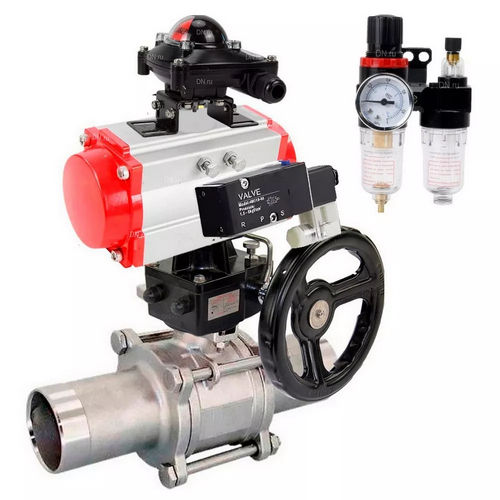 Краны шаровые DN.ru BV3131P(3pc)-FP-W-ISO-H LONG Ду10-150 Ру16-64, полнопроходные, нержавеющая сталь 304, PTFE, под приварку, с пневмоприводом PA-DA, с пневмораспределителем 4V320-10 220В, БКВ APL-510N Ex, ручным дублером MON, БПВ AFC2000