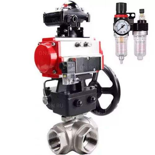 Краны шаровые DN.ru BV3232P(4pc)-SP-3WL-T-ISO-H Ду10-100 Ру63/40, стандартнопроходные, нержавеющая сталь 316, PTFE, внутренняя резьба, с пневмоприводом PA-DA, пн.распределителем 4V320-08 220В, БКВ APL-210N, ручным дублером MON, БПВ AFC2000
