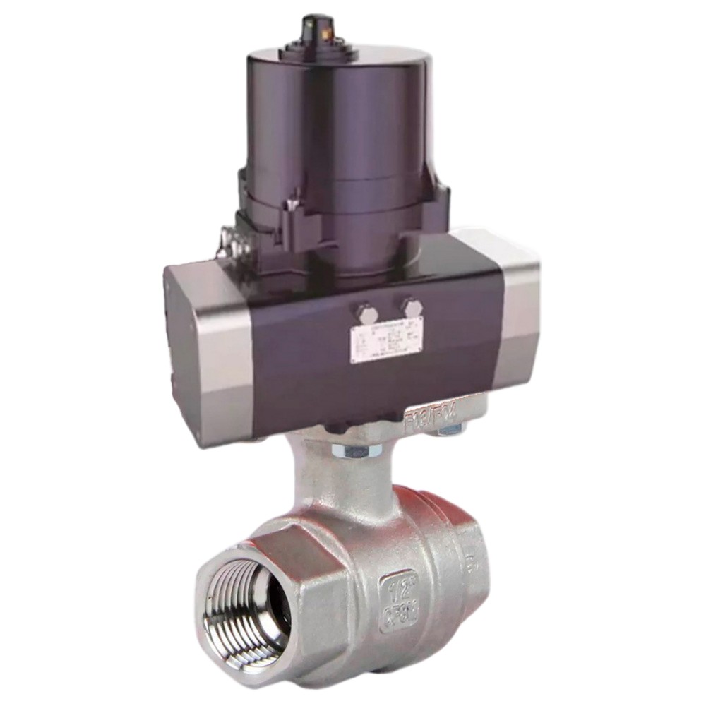 Кран шаровой DN.ru BV3232P(2pc)-FP-T-ISO-H Ду25 Ру63 полнопроходной, резьбовой, внутренняя резьба, корпус - нержавеющая сталь 316, уплотнение - PTFE, с электроприводом четвертьоборотным DN.ru QTSA-N-003EM-O0-220VAC
