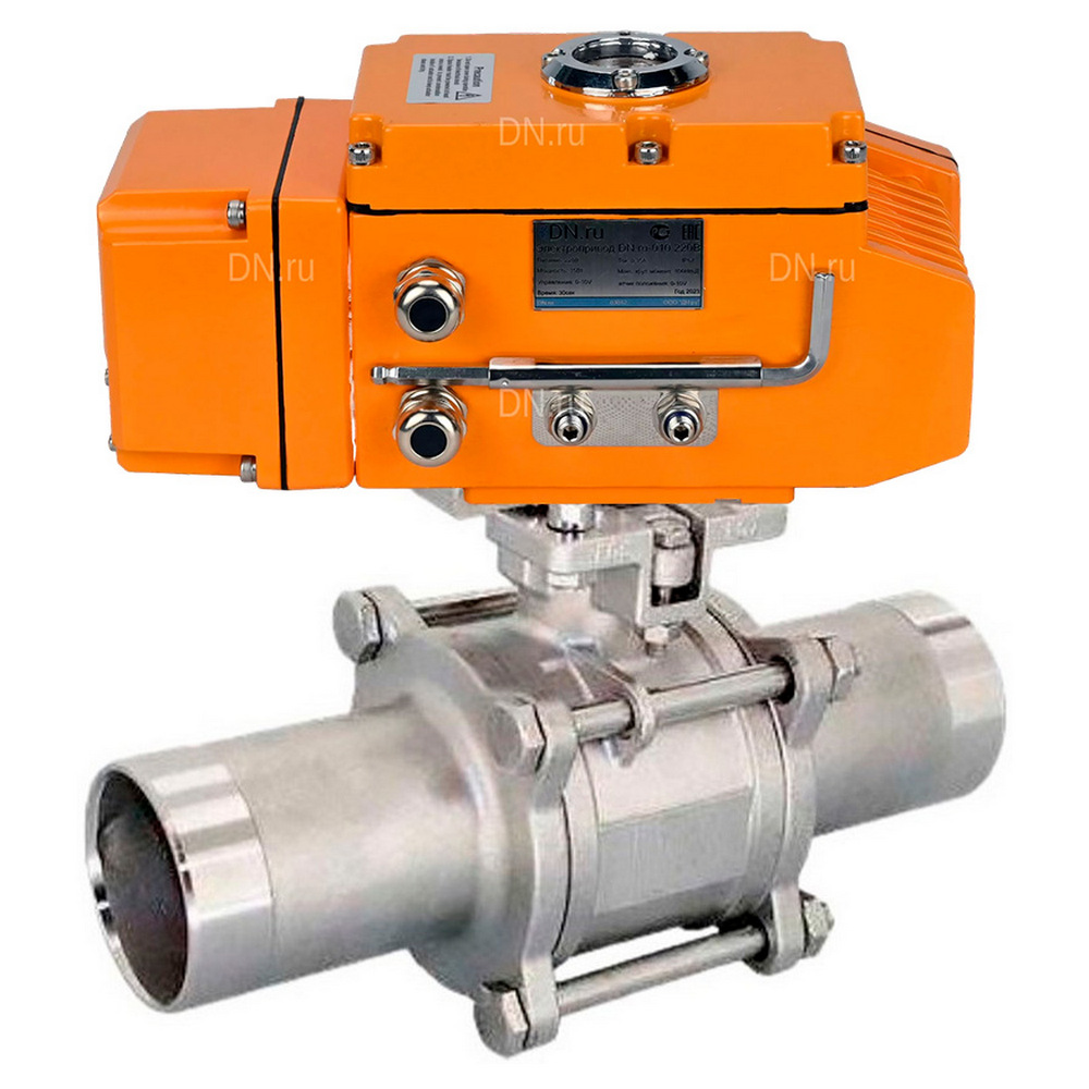 Кран шаровой DN.ru BV3232P(3pc)-FP-W-ISO-H LONG Ду10 Ру63 полнопроход., корпус - нерж.сталь 316, уплотнение - PTFE, под приварку, с 1/4-оборотным эл.приводом DN.ru QT-N-005EM-A1-220VAC-У1 c датчиком обратн. связи и входным управляющ. сигналом 4-20мА