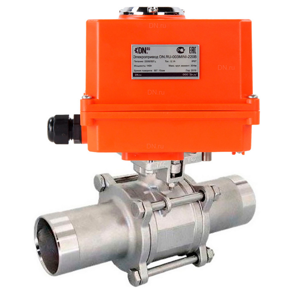 Кран шаровой DN.ru BV3131P(3pc)-FP-W-ISO-H LONG Ду15 Ру63 полнопроходной, корпус - нержавеющая сталь 304, уплотнение - PTFE, под приварку, с 1/4-оборотным электроприводом DN.ru QT-N-003EM-O1-220VAC-У1 MINI 220В